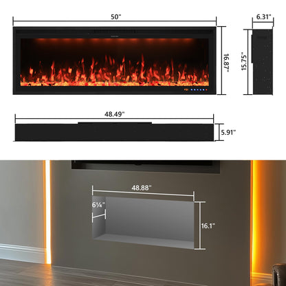 Valuxhome 50 inch Ultra-Thin Electric Fireplace Inserts, Built-in and Wall Mounting, Ultra-Narrow Frame and Lager Screen Vision with 13 Flame x 13 Ember Bed x 3 Top Light Colors, High/Low Temperature