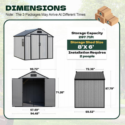 DNYKER 8 x 6 FT Plastic Outdoor Storage Shed, All-Weather Resin Garden Shed with Floor, Lockable Doors & Windows, Plastic Tool Shed for Patio，Poolside, Backyard