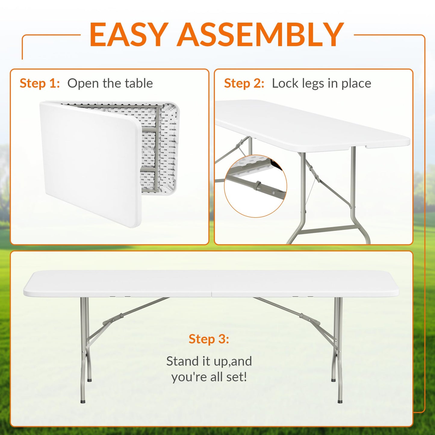 Elevon Folding Table Set with 10 White Folding Chairs,8 Feet Heavy Duty Fold-in-Half Utility Table Sets for Picnic, Event, Training, Outdoor Activities, at Home and Commercial Use