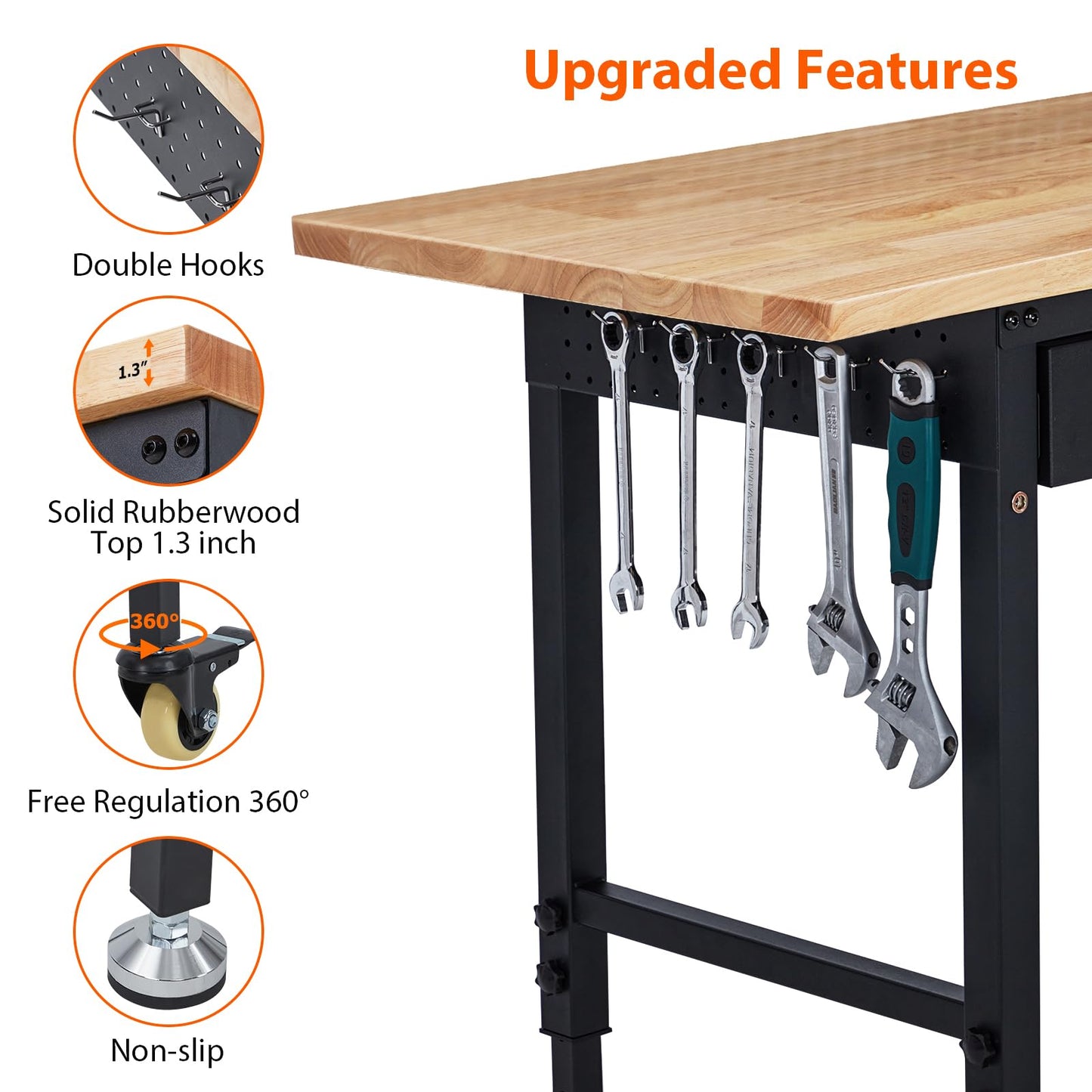EliteEdge 60" Adjustable Work Bench, Heavy Duty Steel Frame Workbench with Storage Drawer, Wheels, 2000 Lbs Load Capacity, Rubberwood Top Work Table for Garage, Workshop, Black