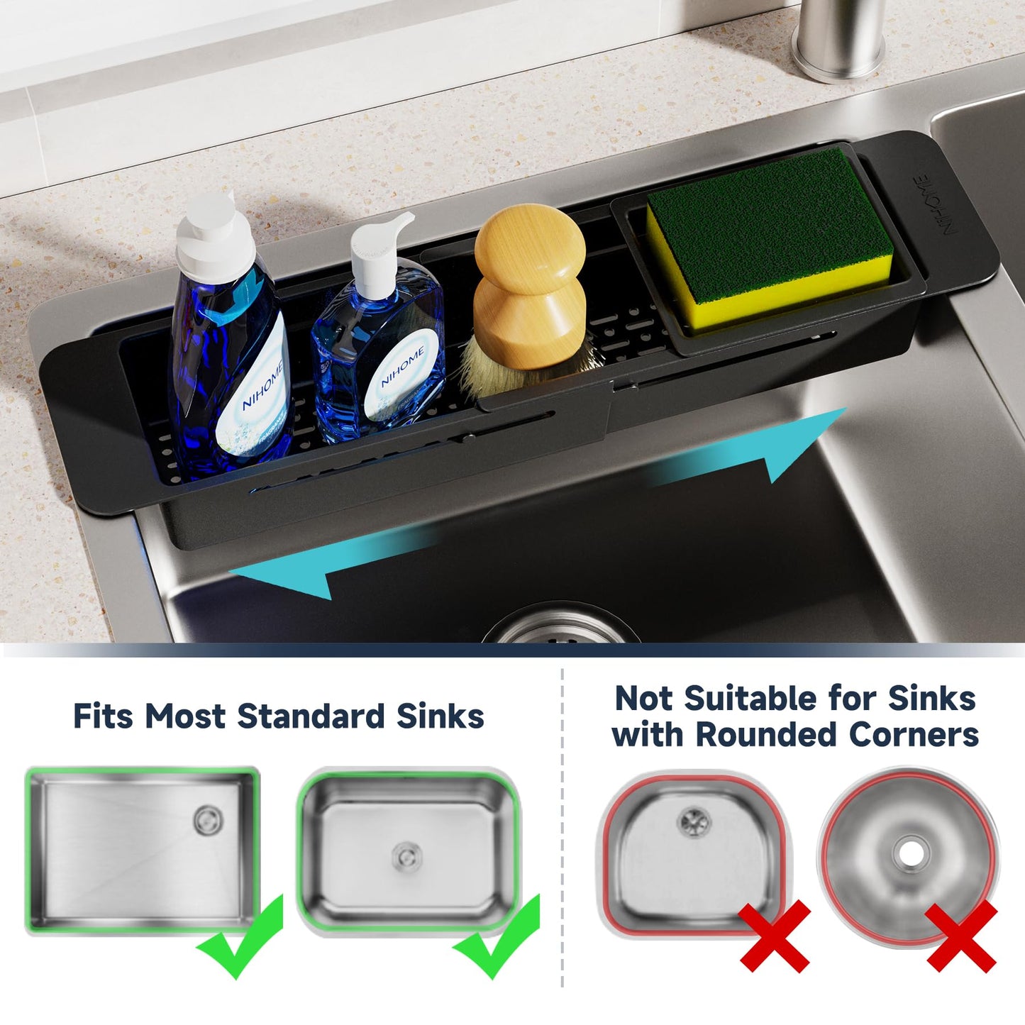 NiHome Extendable Over Sink Kitchen Organizer, Small Telescopic Brush Storage Rack for Sponge, Non-Slip Pads Expandable Sink Caddy, Adjustable Sponge/Brush Rack with Drainage Durable ABS (Black)