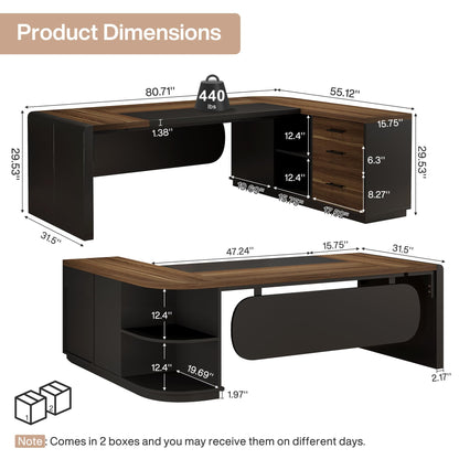Tribesigns 80'' L-Shaped Desk, Large Executive Office Desk with 55'' Drawers Cabinet, Modern Commercial Office Table with Storage Shelves, Business Furniture for Home Office, Brown & Black