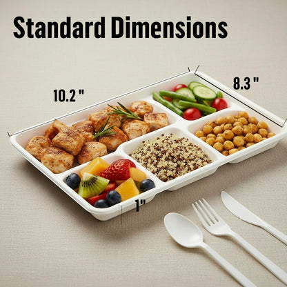 BEIDOU-PAC 5 Compartment Compostable Heavy Duty Disposable Paper Plates, 300 Count | 10.3" X 8.3" | Natural Bagasse, White Biodegradable Eco-Friendly School Lunch, Buffet, Party Sugarcane Tray