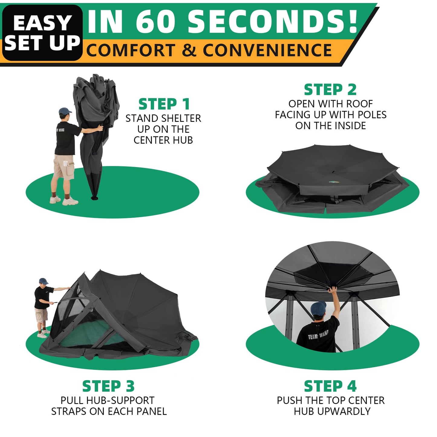 COBIZI 15'x15' Pop Up Gazebo Screen Tent Screen House for Camping, Screen Room with Mosquito Netting, Hub Tent Instant Screened Canopy with Carrying Bag and Ground Stakes, Black
