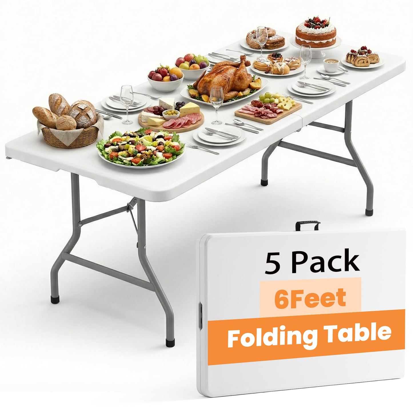 EDWINENE 6FT Plastic Folding Table Heavy Duty Foldable Table Portable Fold-in-Half Desk Table Collapsible White Dining Tables for Wedding Party Banquet Event Use, Set of 5 Pack
