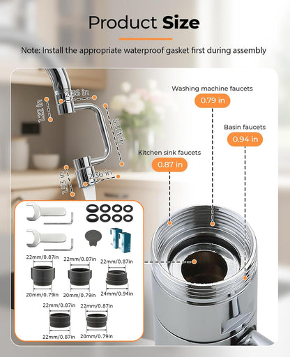 Waaqkid 2PCS Rotatable Faucet Aerator Extension 1440°, U Shape 2 Spray Modes Adjustable Flexiflow 360° Rotating Sink Faucet Extender for Kitchen & Bathroom