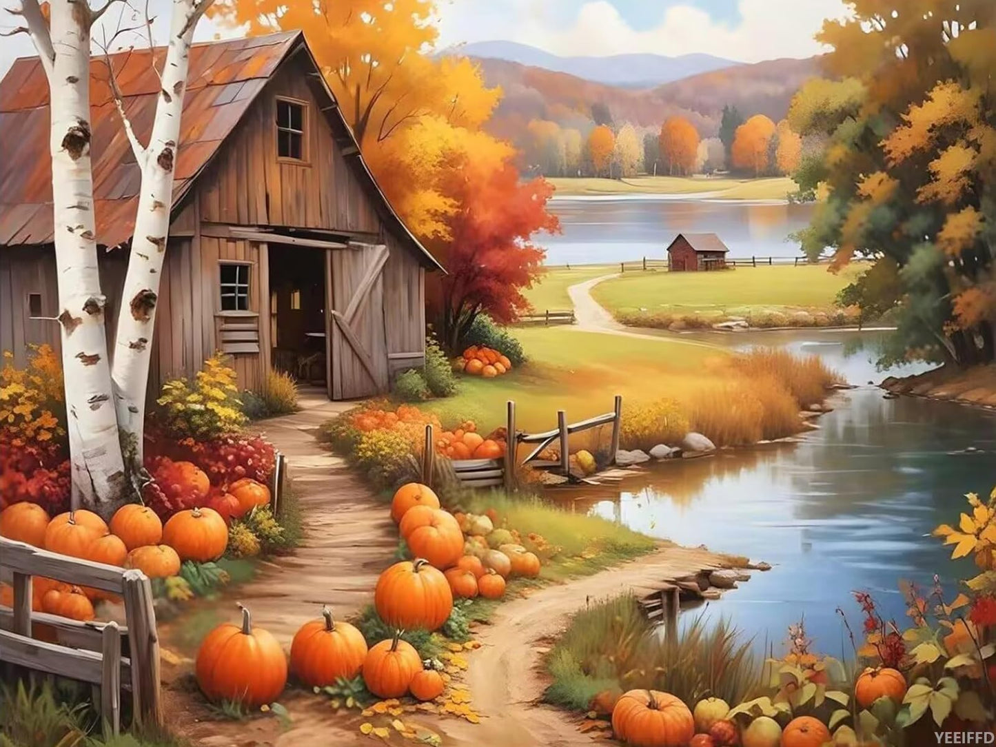 YEEIFFD Autumn Diamond Painting Kit for Adults Wooden Barn Fall Pumpkins Diamonds Painting DIY Round Diamond Art Kit Thanksgiving Gem Art for Home Wall Decor 12x16 Inch