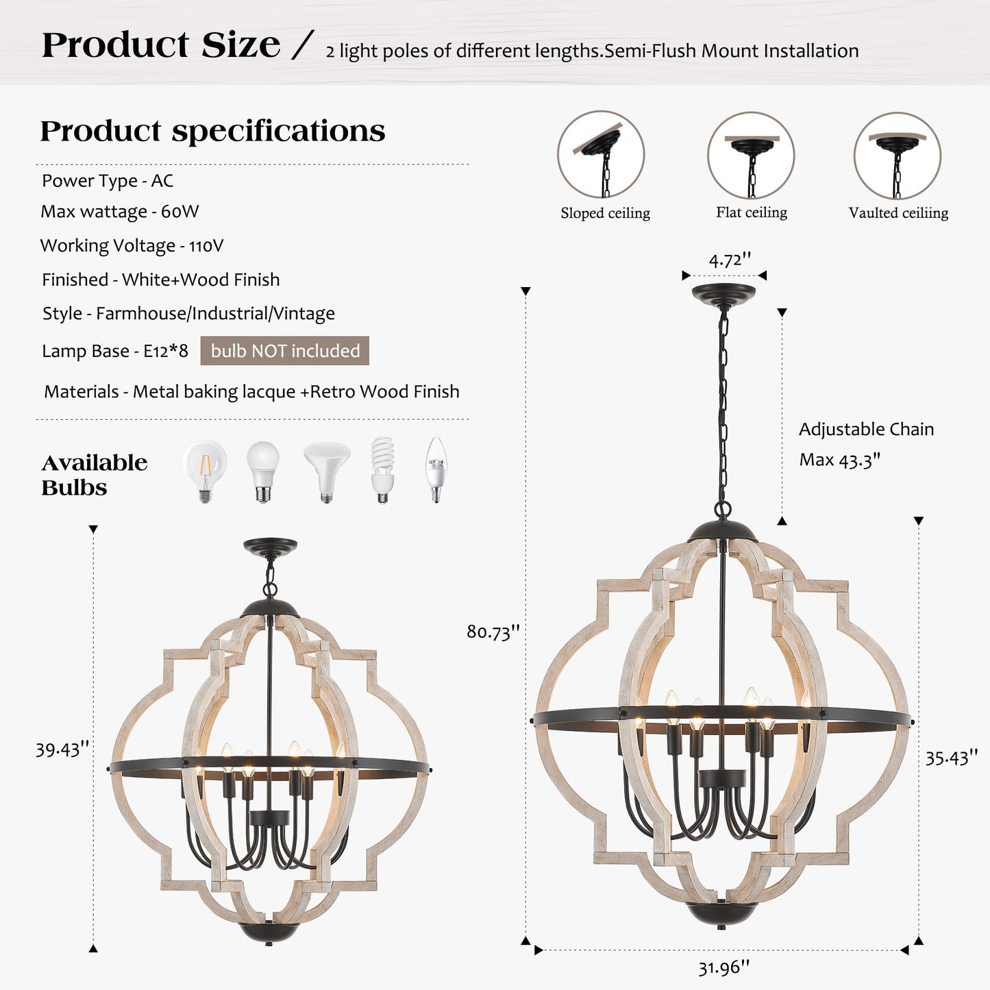 Faibra 8-Light Wood Pendant Light,31.96'' Vintage Rustic White Wood Chandeliers,Retro Industrial Hanging Light Fixtures for Dining Room Entryway, Bedroom