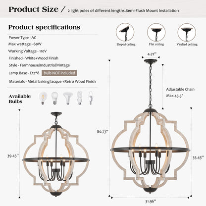 Faibra 8-Light Wood Pendant Light,31.96'' Vintage Rustic White Wood Chandeliers,Retro Industrial Hanging Light Fixtures for Dining Room Entryway, Bedroom