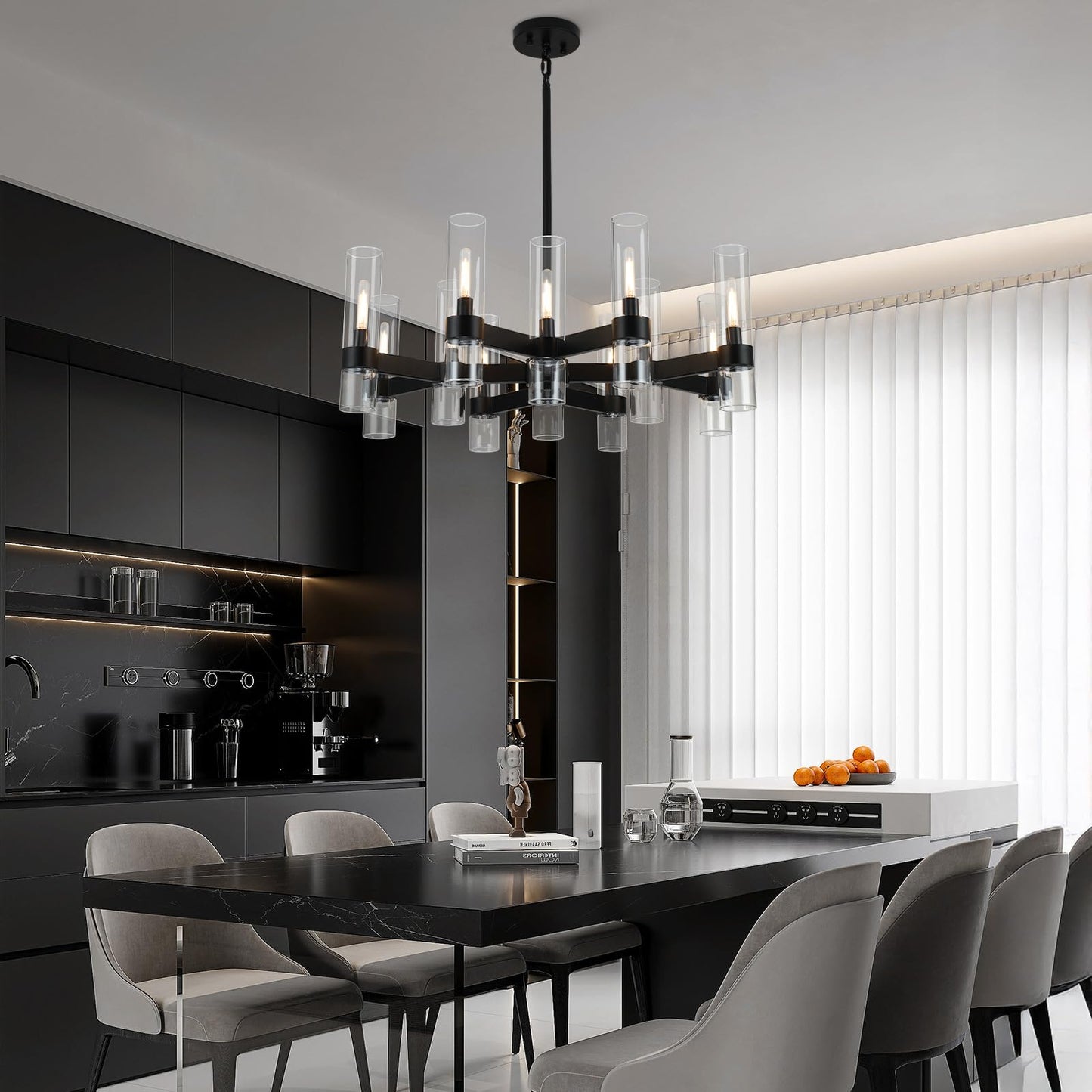 12 Light Black Chandeliers for Dining Room Light Fixtures Over Table, Modern Farmhouse Chandelier with Clear Glass Cover for Living Dining Room Kitchen Island Bedroom Foyer 34"