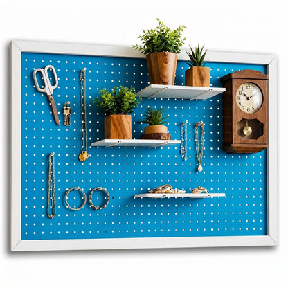 Weysat 36 x 24 Inch Decorative Wood Pegboard Wall Organizer with Frame Large Display Board Kit with 3 Shelves 18 Nails Aesthetic Board Wall Organizer Craft for Room, Office, Sewing (Blue)