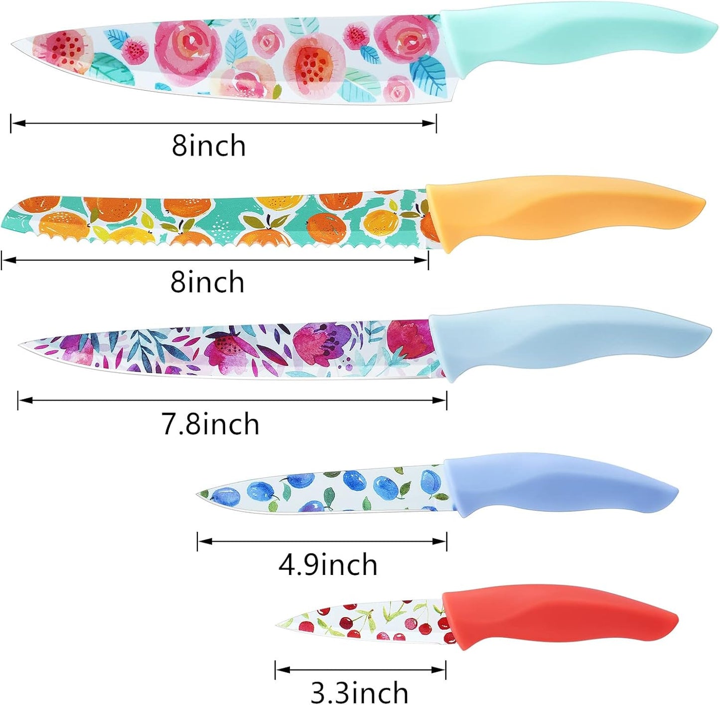 G.a HOMEFAVOR 5-Piece Kitchen Knife Set, Nonstick Coated with 5 Blade Guards, Multicolored