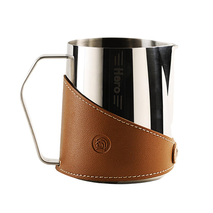 CUFEJORO Milk Frothing Pitcher 450ml/16oz 304 Stainless Steel Espresso Steaming Pitcher with PU Leather, Milk Frothing Jug,milk frother cup,Milk Jug Cup,Premium Barista Tools,Latte Art (Bright,16oz)