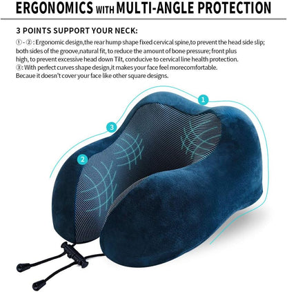 Travel Pillow - Best Memory Foam Neck Support for Sleeping, Airplane, Car & Home Use (Dark Blue)