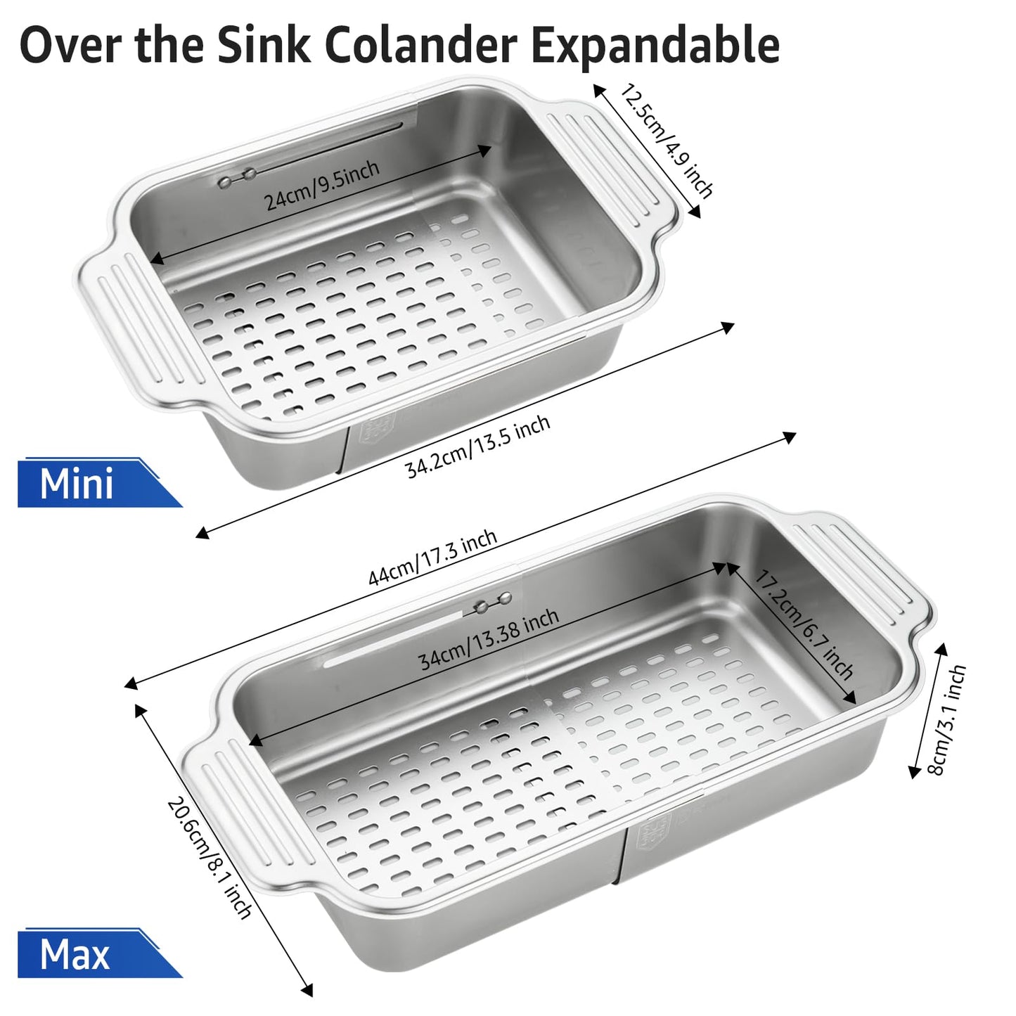 pollock 4 In 1 Collapsible Sink Colander for Kitchen Food Grade 304 Stainless Steel Over the Strainer Extend Drain Basket Washing Vegetable Fruits,Dishes