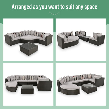 Merax 7 Pieces Outdoor Patio Furniture, 6 Seat Wicker Sectional Lounger Sofa Chair Set with Table, All Weather Rattan Conversation Sleeper Couch Bed Sets for Garden Poolside, Cushions & Pillows, Beige