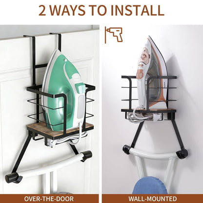 Over The Door & Wall Mount Ironing Board Hanger Wooden & Metal Laundry Room Organizer, Anti-Slip Fence Design, Fits T/Y-Leg Ironing Boards for Iron Steamer Pressing Accessories