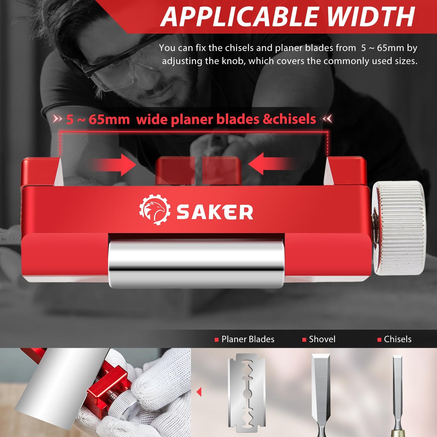 Saker Chisel Sharpening Jig,Wood Honing Guide with Whetstone - Red Off-Center Upgraded Honing Tool and Diamond Sharpening Stone Set Kit for Knife, Short Chisels and Planes