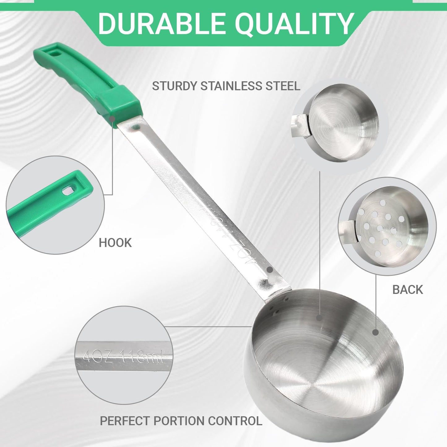 Opfiue 4PCS 4 oz Portion Control Serving Spoons,Measuring Ladle Scoops Food Utensils,Proportion Manage Slotted and Unslotted Scoops for Weight Loss/Kitchen(Green)