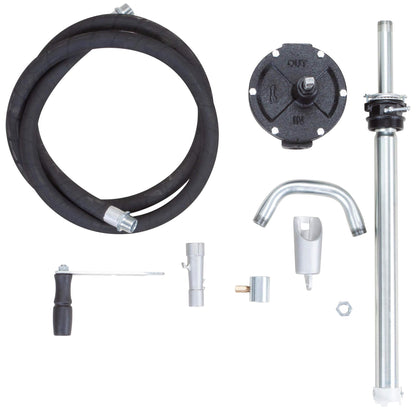Groz Industrial Rotary Fuel Pump, FM-Approved Cast Iron, 3-Vane, 38 LPM/10 GPM, 8 ft Anti-Static Hose, Aluminum Nozzle, Vacuum Breaker & Flame Arrestor, 2 in Bung, Fits 15-55 Gal Drums (44082)