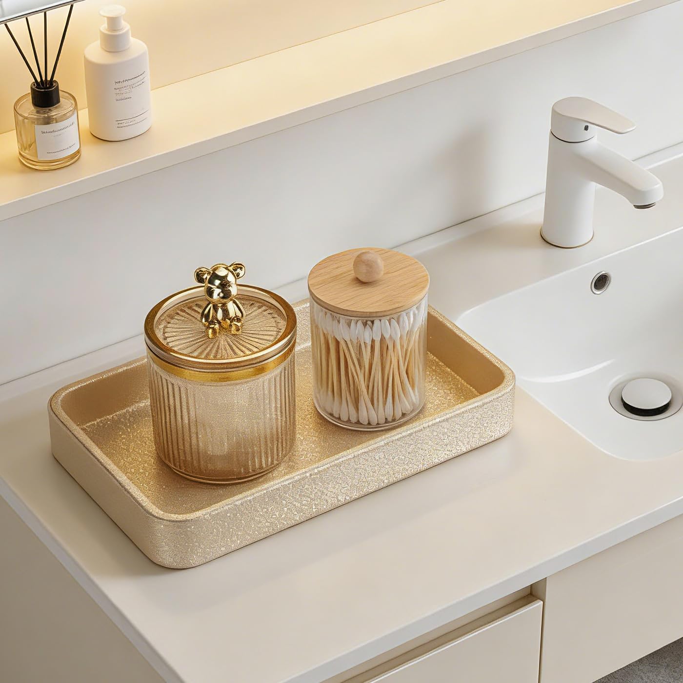 GORESE Gold Perfume Tray, Decorative PU Leather Jewelry Tray for Dresser and Nightstand Organizer, Catch-All Vanity Tray for Purse Bowl, Trinket, Key & Daily Essentials, Luxury Gift for Women
