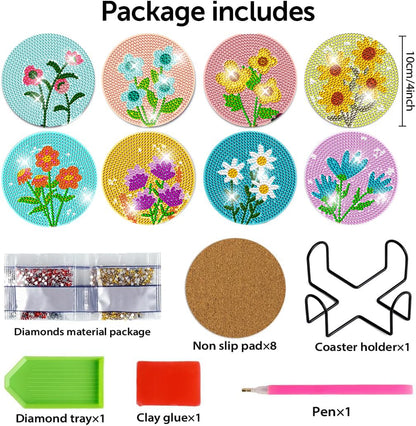 DOTZSO 8 Pcs Diamond Art Coasters Kit with Holder, Diamond Art Kits for Adults Beginners Small Diamond Painting Coasters, Arts and Crafts for Adults Supplies Item Sets (Flower)