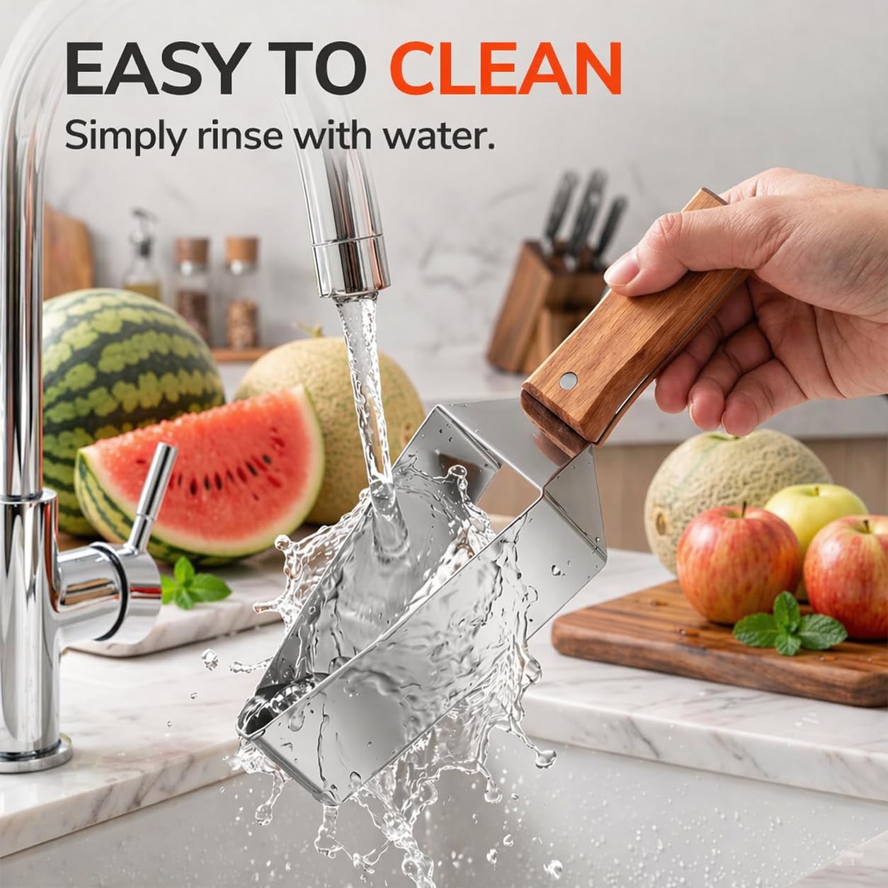 Stainless Steel Watermelon Slicer, Triangle Watermelon Cutter with Wooden Handle, Multi-Use Kitchen Fruit Cutter Tool for Watermelon, Cantaloupe, Honeydew, Apples and More (1Pcs)