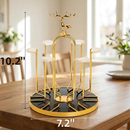 Pumtus Rotating Cup Drying Rack Stand, 6 Cups Drinking Glass Holder, Non-Slip Steel Mug Drainer Organizer, Glass Cup Stand with Silicone Protective Hooks, Tumbler Dryer Tree for Kitchen, Countertop
