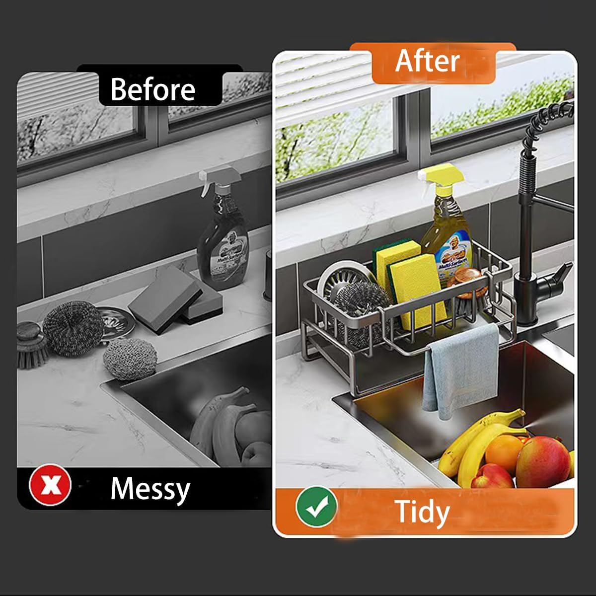 Stainless Steel Sponge Holder for Kitchen Sink, Anti-rust Caddy with Drain Tray, Sponge Rack Holder (Silver)