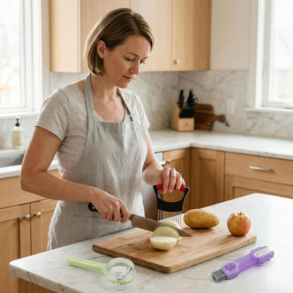 Quilive 3-Piece Kitchen Set – Stainless Steel Onion Holder Slicer with 10 Forks, Peeler with Storage Box, 3-in-1 Cup Lid & Gap Brush – for Slicing Potato, Avocado, Eggs, Lemon, Meat