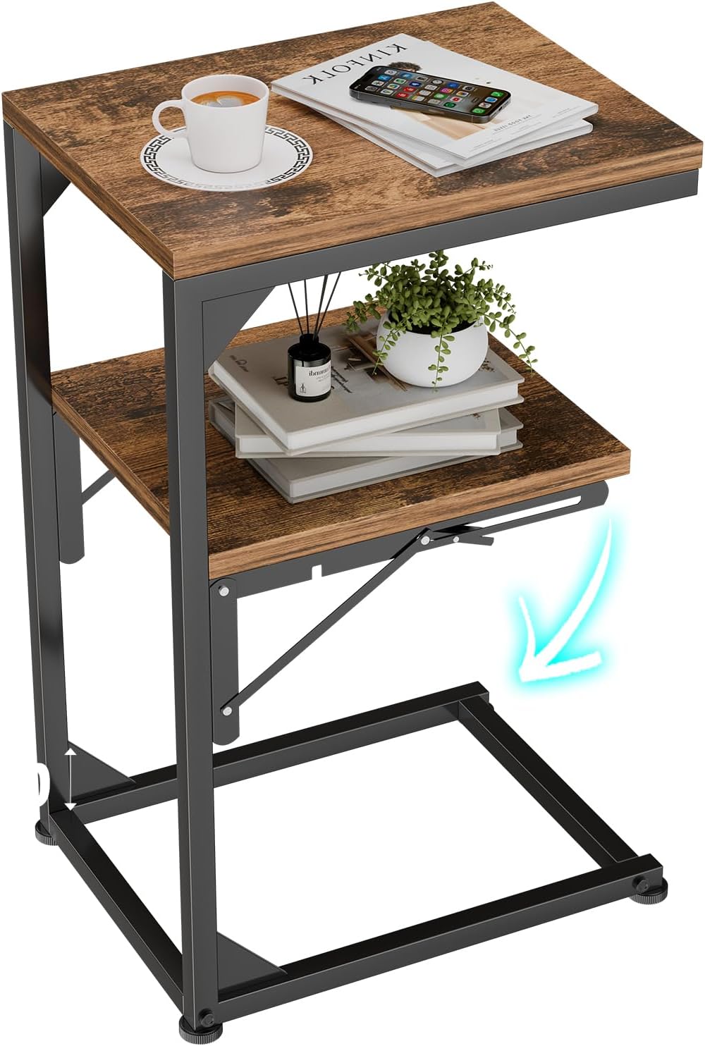 2 Simple Trending C Shaped End Table for Couch, Foldable Table with Shelf Storage, TV Tray Table for Sofa Bedside