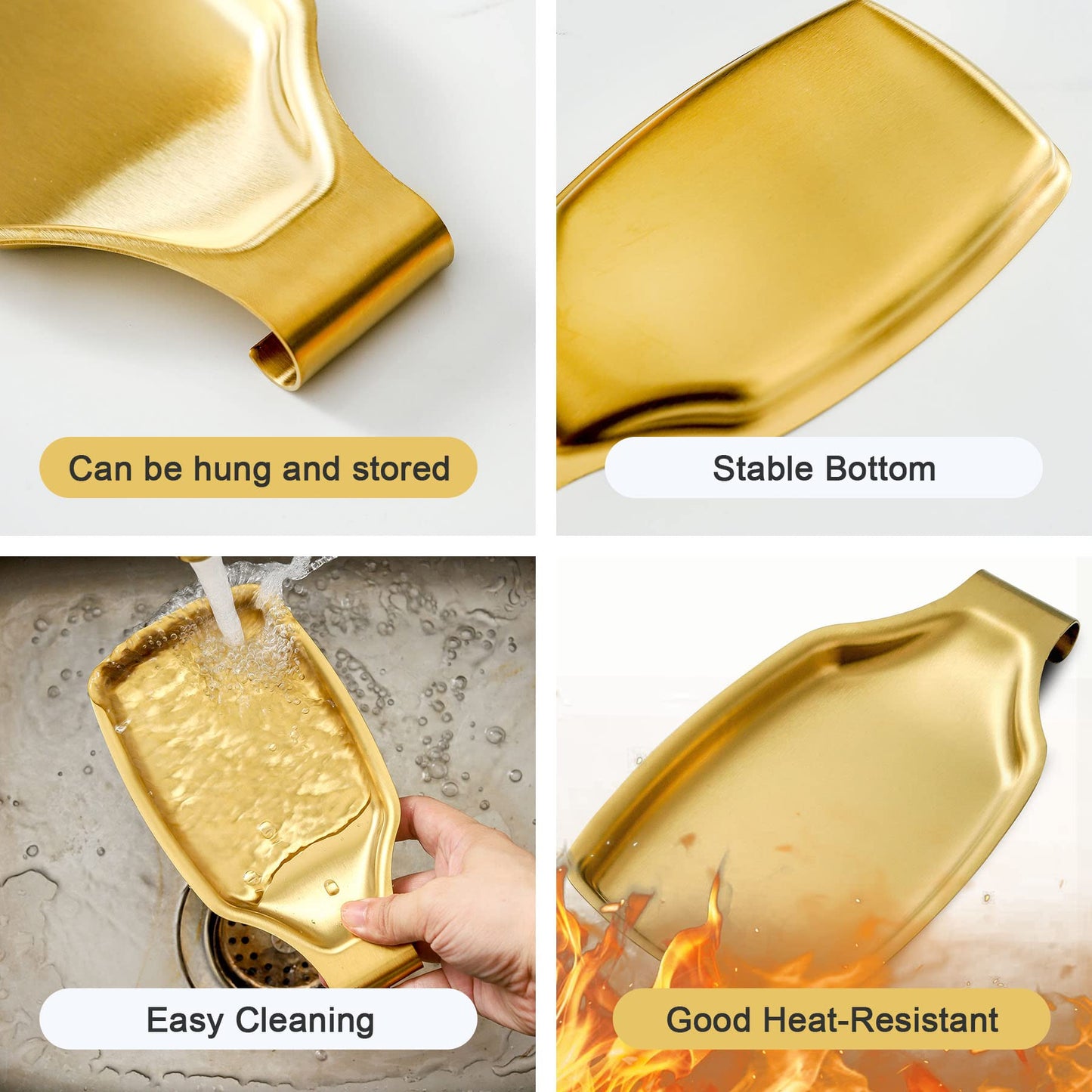 BETTWILL Gold Spoon Rest For Stove up, Stainless Steel Spoon Rest For Kitchen Counter, Large Kitchen Spoon Holder with Square Bottom, Spatula Spoon Ladle Utensil Holder, Heavy Duty.