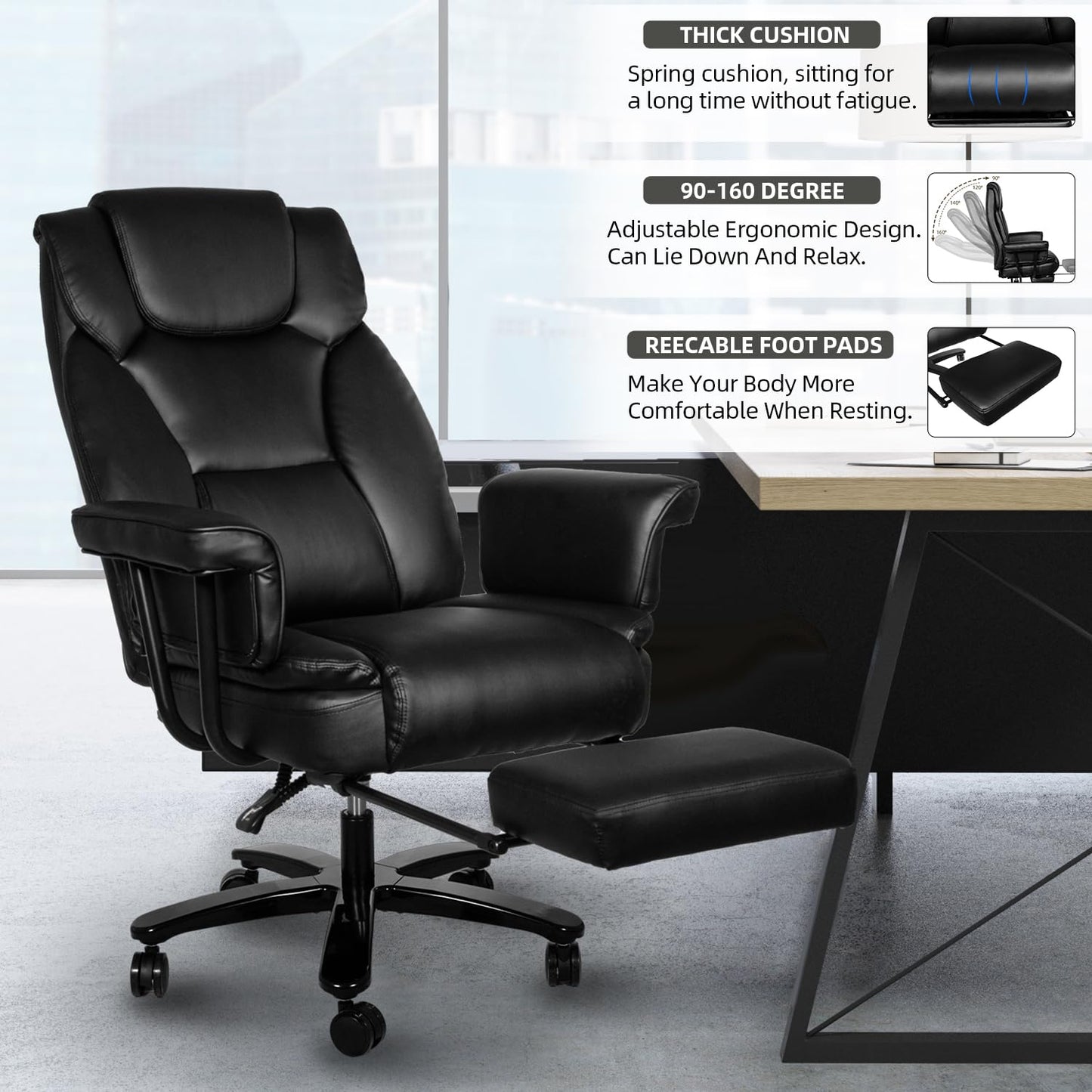 Sucrever Reclining Office Chair with Footrest, Big and Tall Home Office Desk Chairs 400lbs with High Back, Criss Cross Wide Seat, Heavy Duty Base, Pu Leather, Black