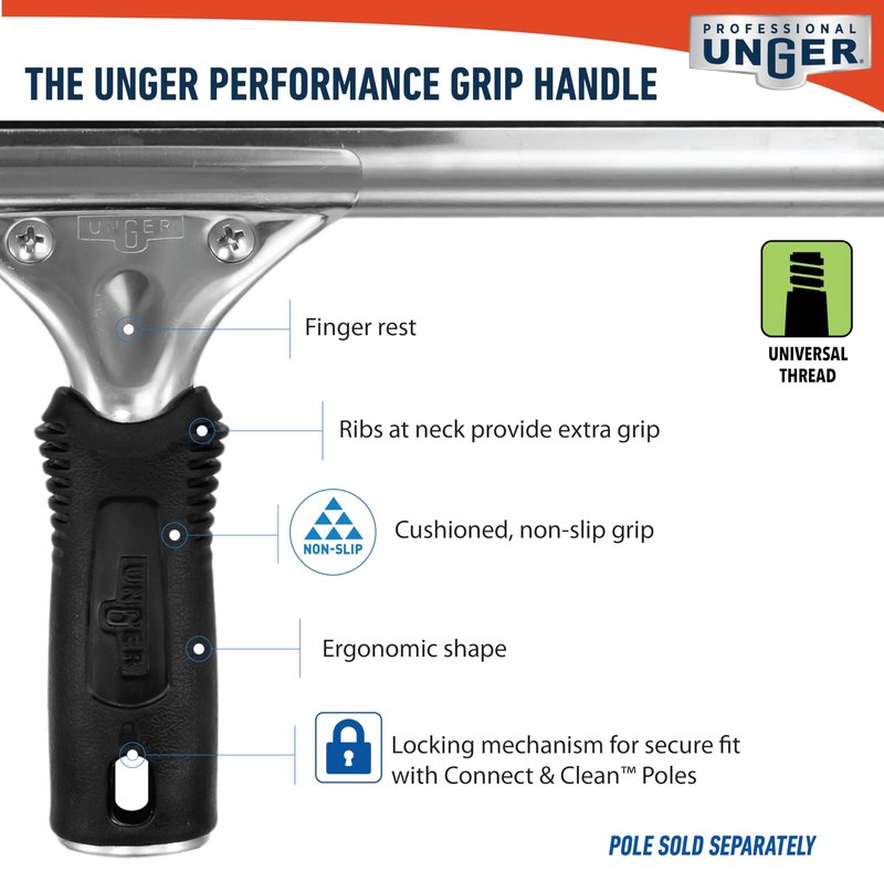 Unger Connect and Clean 16” Performance Window and Glass Cleaning Squeegee with Replacement Rubber, Cleaning Supplies, Heavy Duty Household Cleaner Tools with Streak-Free Results