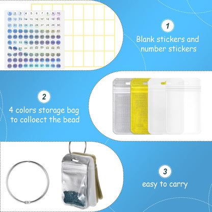 200 Pieces Diamond Painting Accessories Diamond Painting Tools Kit Storage Container Art Resealable Bags with 4 Round Binding Rings, 5 Sheets Number Stickers and 5 Sheets Sticker Label