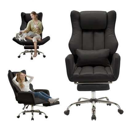 Ergonomic Cloud Cross Legged Office Chair with Footrest,Leather Big and Tall Executive Chair with Wheels,Reversible Armrest,155° Reclining Computer Wide Desk Chair for Home,Office (Black)