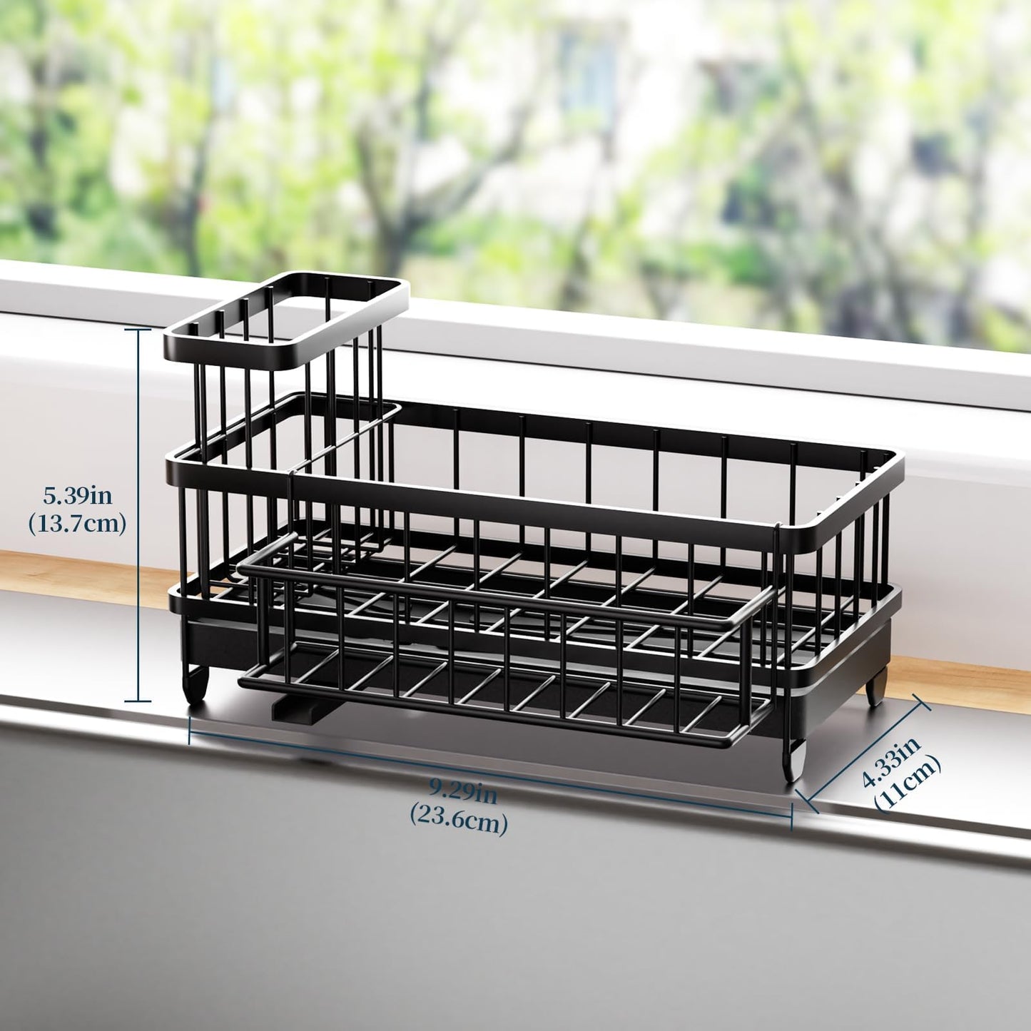 Consumest Sponge Holder for Kitchen Sink - Auto Draining Sink Caddy Organizer with Detachable Rack, High Brush Holder, Kitchen Countertop Storage Accessories, Black