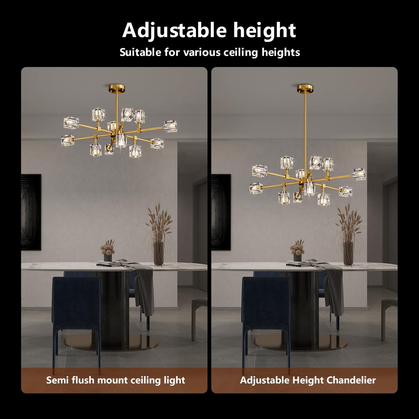 OKES Crystal Chandeliers for Dining Room Light Fixtures,Gold Sputnik Chandelier with 12-Lights,Modern Adjustable Height Semi Flush Mount Ceiling Light Fixture for Kitchen Island Bedroom Entryway