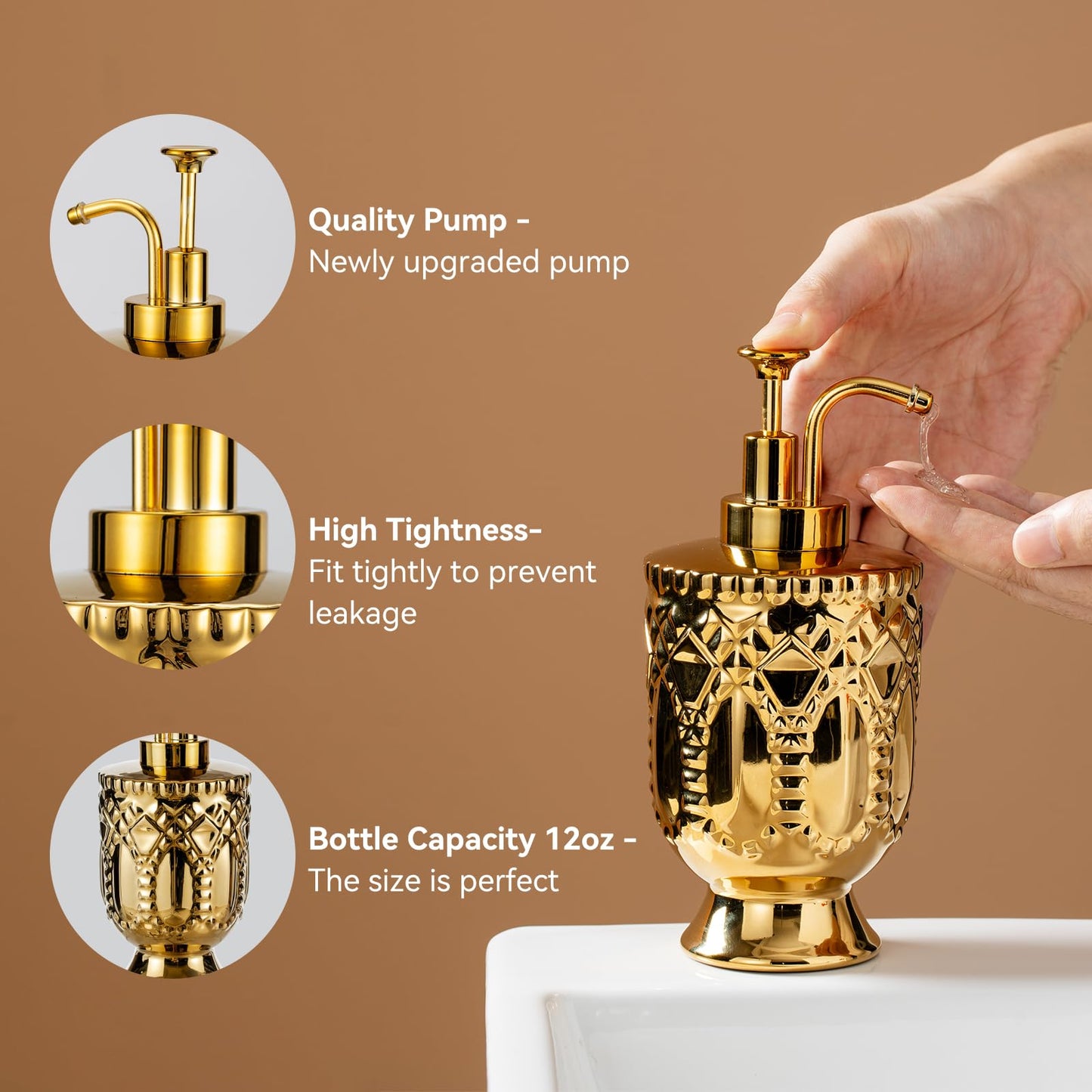 Gold Bathroom Accessories, 3pcs Ceramic Bathroom Set with Toothbrush Holder,Soap Dispenser, Bathroom Tray, Complete Bathroom Decor and Acessories Set