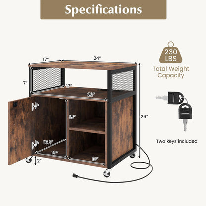 Giantex File Cabinet, Lateral Filing Cabinet with Lock, Wheels, Charging Station, Cable Hole, Lockable Side Cabinet, Adjustable Shelves, Metal Frame, Printer Stand for Home Office Small Space (Brown)