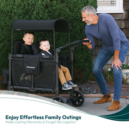 WonderFold W2 Elite Pro Stroller Wagon - Foldable Wagon with Aluminum Frame - Adjustable Canopy & Push Handle - All-Terrain Wheels - for Babies, Toddlers & Kids - 4 Seater - Jet Black