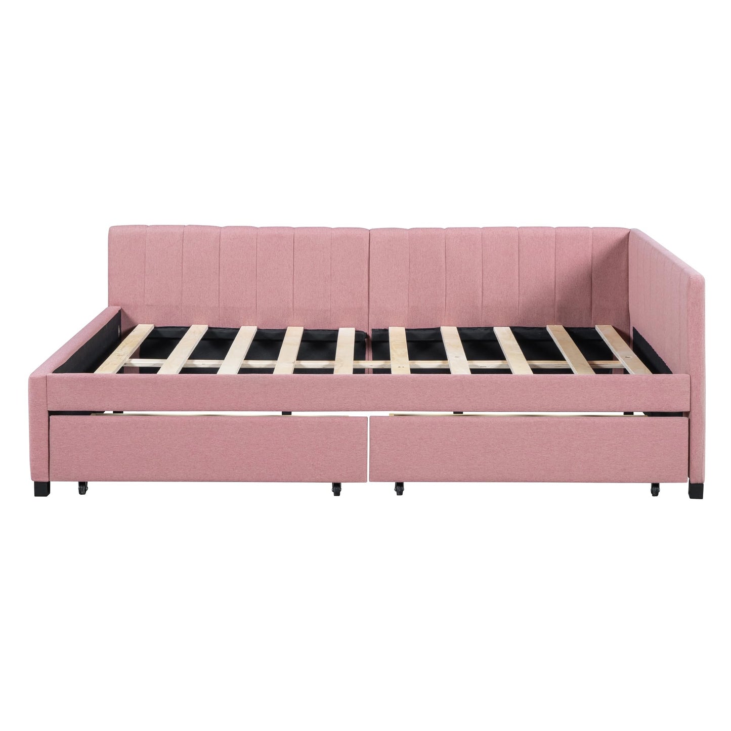 Merax Upholstered Daybed with 2 Storage Drawers, Full Size Sofa Bed Frame, No Box Spring Needed, Linen Fabric, Pink