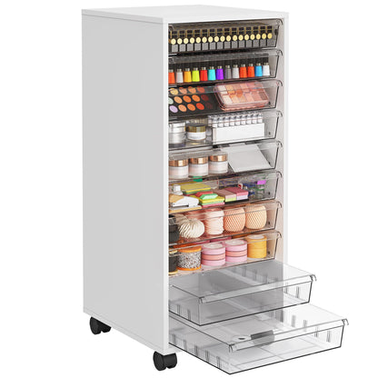 WOPITUES Storage Drawer Cart, Mobile Storage Cabinet, Makeup Storage with 10 Large Clear Drawers, Utility Wooden Rolling Cart on Wheels, for Cosmetic, Art Craft, Office Supplies, Toy, White