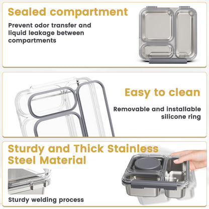 Stainless Steel Bento Box Kids Adult with 7oz Soup Thermo, Transparent Lid 3 Compartments Metal Bento Lunch Box with Insulated Food Jar,Lunch Box Container Sauce Cup for School,BPA-Free(Grey)