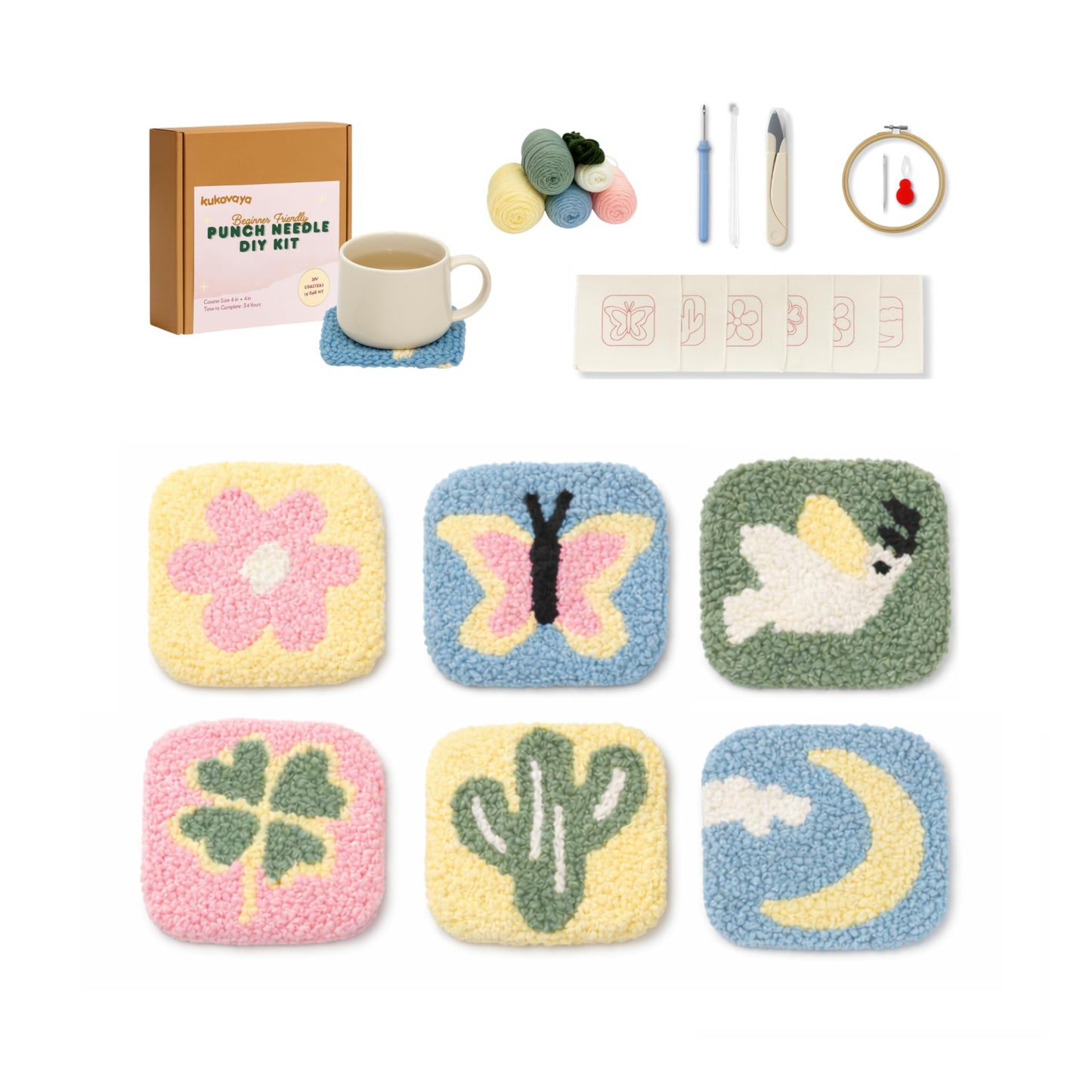 Kukovaya Punch Needle Kit for Beginners & Adults; Complete DIY Embroidery 6-Coaster Kit with Printed Fabric, Yarn, Needle, Hoop & Guide Easy Craft Kit for Home Decor, Gifts & Stress Relief