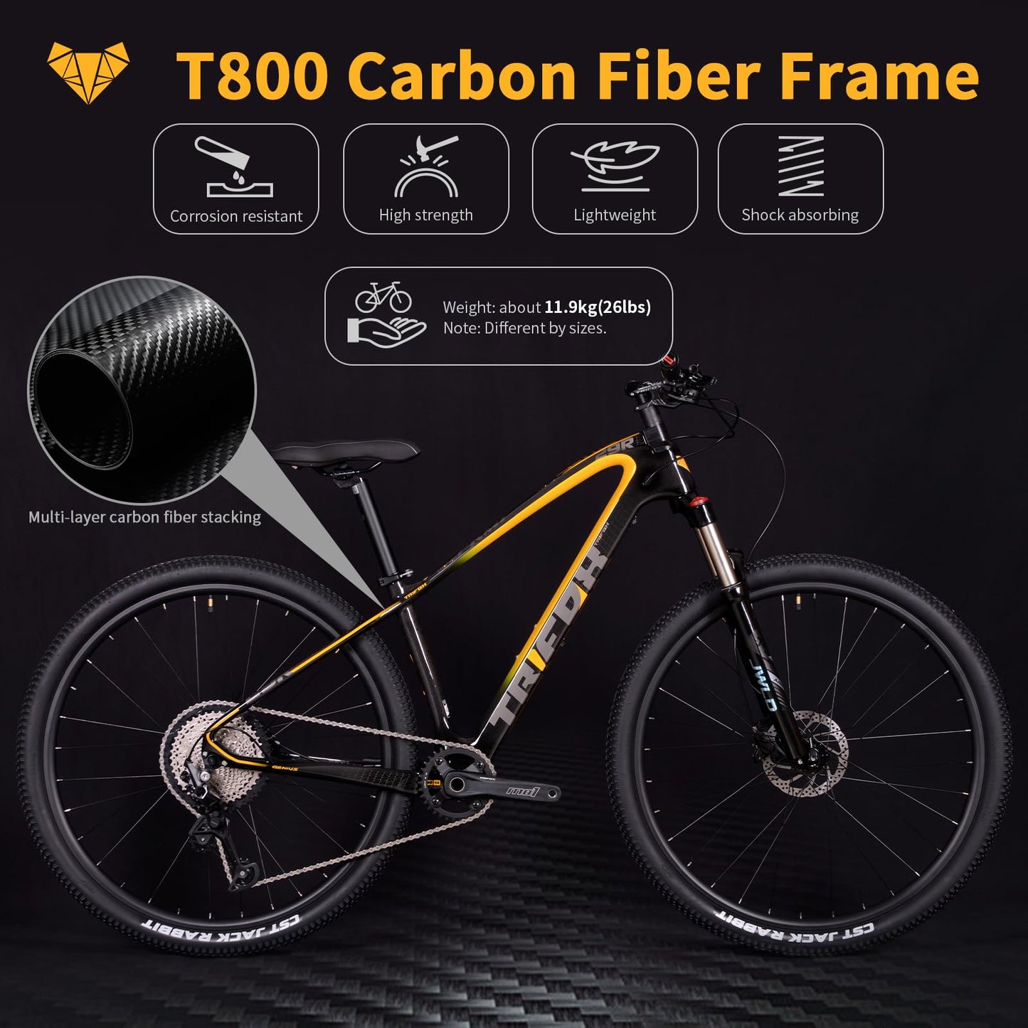 TRIFOX Carbon Fiber Mountain Bike with Shimano M6100 Deore Groupset 12-Speed,Carbon Fiber Frame,Hydraulic Fork 130mm Travel,29er Mountain Bike for Adult 17/19 inch (Obsidian Yellow, 29er * 19 inch)
