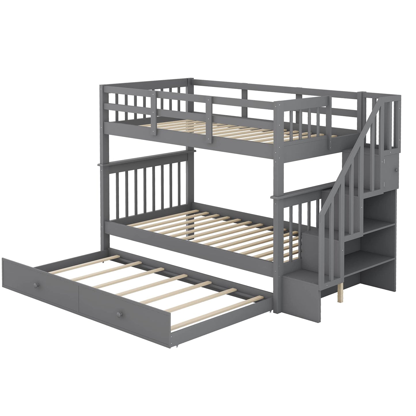 Merax Twin-Over-Twin Bunk Bed with Twin Size Trundle, Soild Wood Stairway Bunk Bed with Storage and Guard Rail for Teens, Adults, Gray