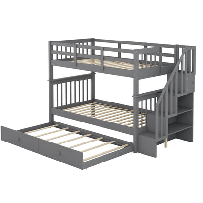 Merax Twin-Over-Twin Bunk Bed with Twin Size Trundle, Soild Wood Stairway Bunk Bed with Storage and Guard Rail for Teens, Adults, Gray