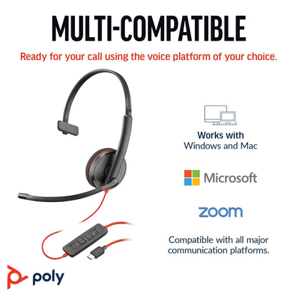 Poly Blackwire 3210 Wired Headset (Plantronics) - Noise-Canceling Mic - Single-Ear Design - Connect to PC/Mac via USB-C or USB-A - Works w/Teams, Zoom - Amazon Exclusive