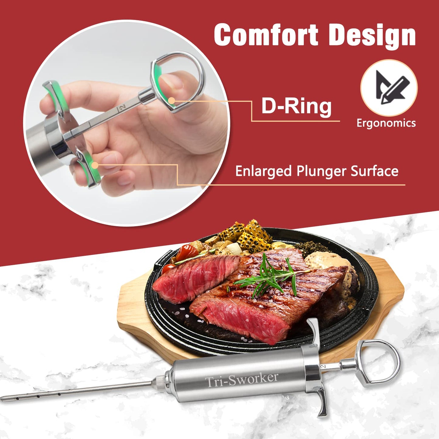 Tri-Sworker Meat Injectors for Smoking with Case and 4 Flavor Food Injector Syringe Needles, Injector Marinades for Meat, Turkey, Brisket; 2-oz; Including Paper and E-Book (PDF) User Manual